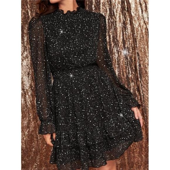 Sparkly High Neck Ruffle Hem Dress- Black - Picture 4 of 6